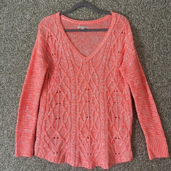 American Eagle Outfitters Sweaters - American Eagle Sweater Womens Medium Neon Orange Open Knit V Neck Tunic College